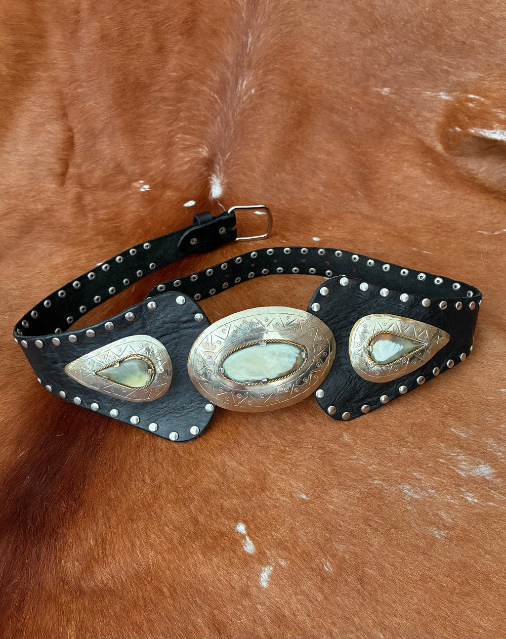 Statement Black Leather & Shell Waist Belt