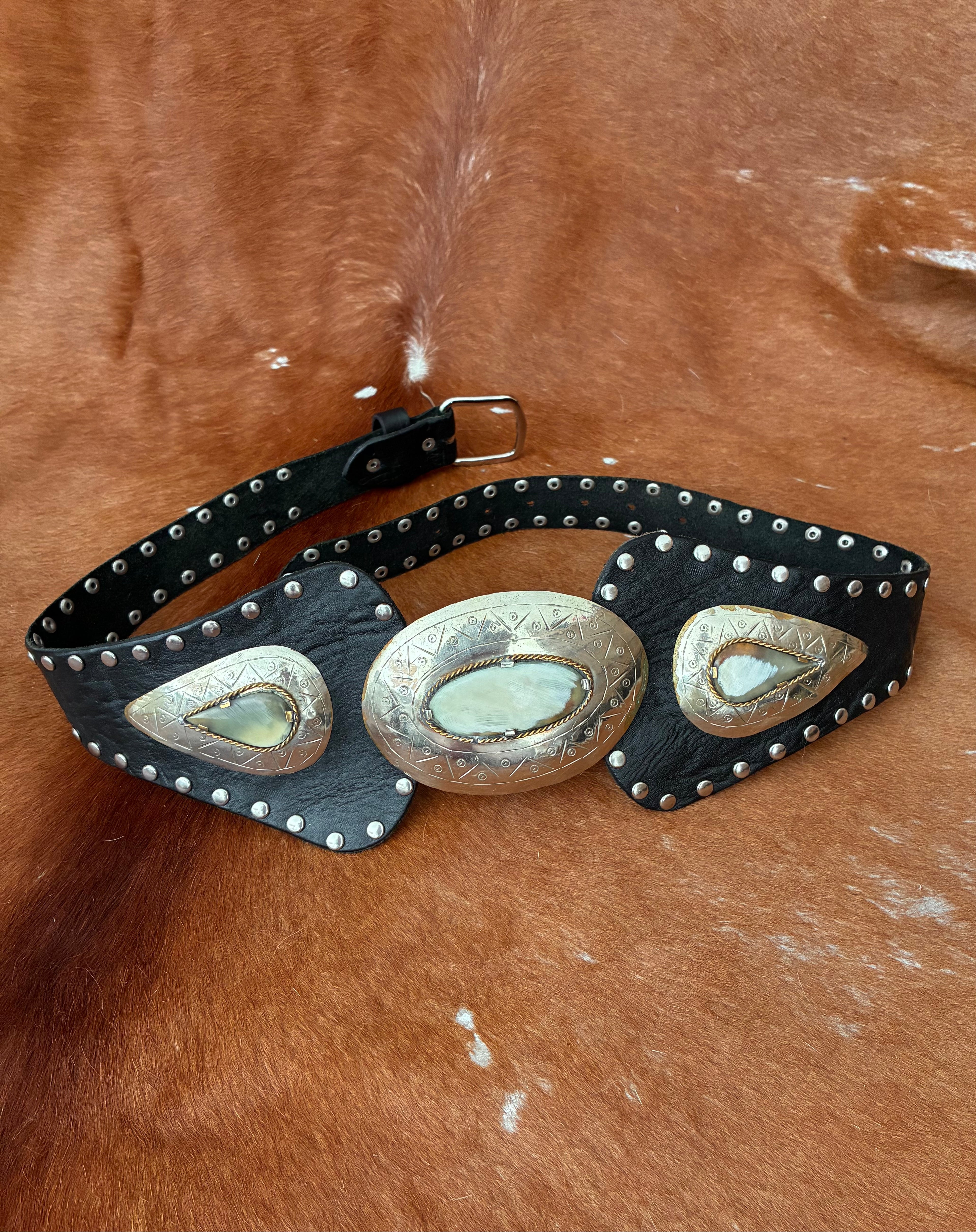 Statement Black Leather & Shell Waist Belt
