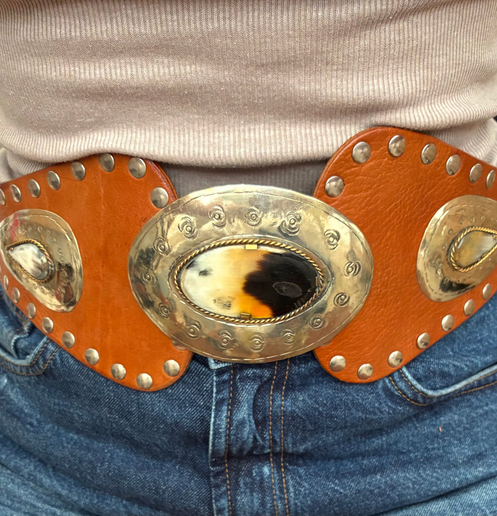 Statement Tan Leather & Shell Waist Belt